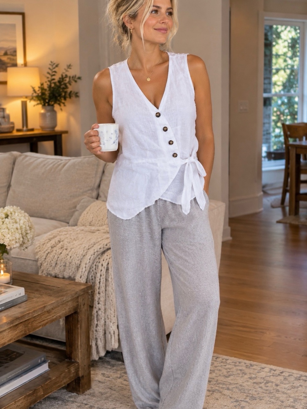 Ellen Tracy Light Gray Wide-Leg Lounge Pants